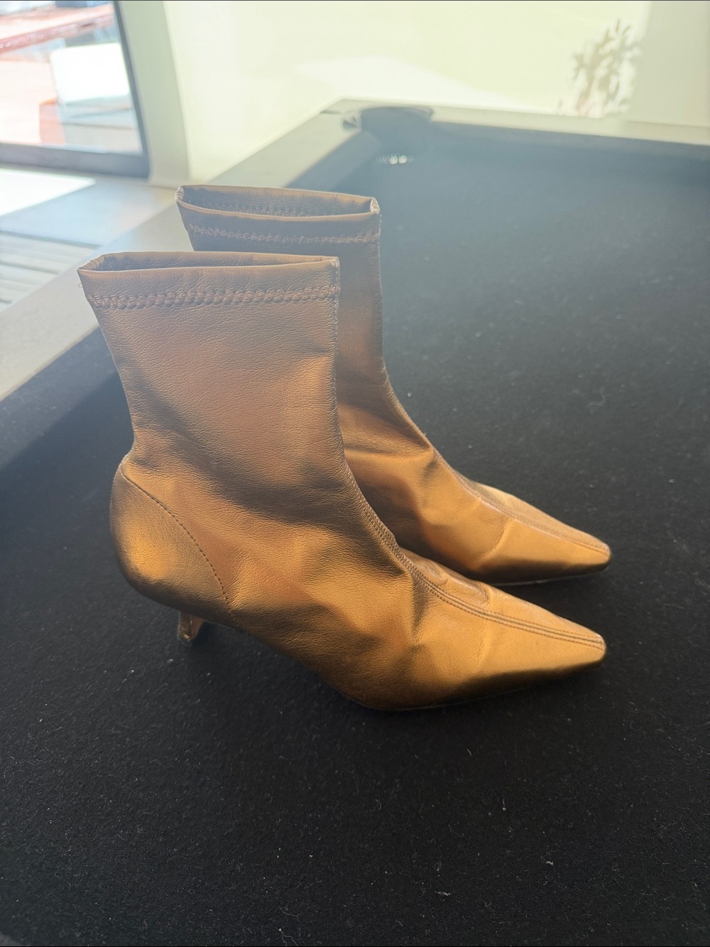 Women's Metallic Bronze Pointed Kitten-Heel Sock Booties